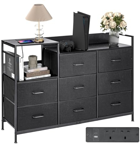 Bedroom Chest of Drawers,Storage Drawers for Bedroom with 1USB , 1 Type-C and 2AC Ports,Contains 8 Fabric Drawers Multi-functional Fabric Drawers Suitable for Bedrooms,Living Rooms,TV Stand (black)