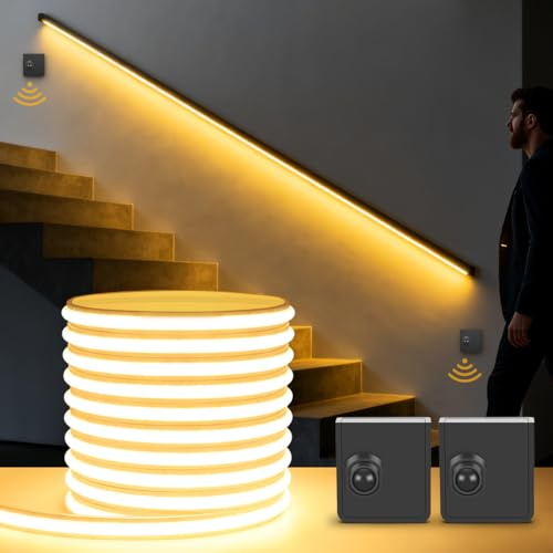 Bande LED avec 2 détecteurs de mouvement 5m 24V 280 LED/m avec fiche Bande LED avec bloc d'alimentation autocollante 3000K blanc chaud Éclairage activé par le mouvement pour armoires,6000k,10M