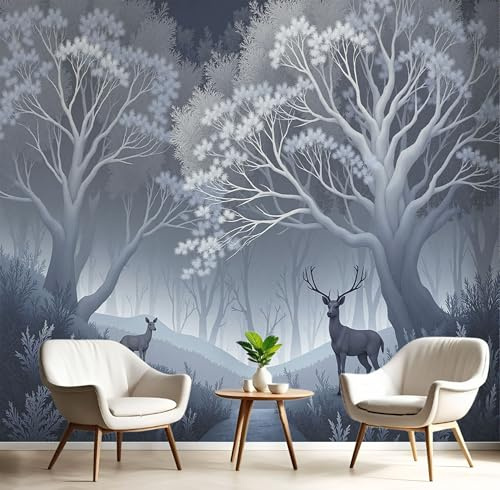 Fototapete 3D Effekt Tapete Abstrakt Wald Im Nebel Wandtapete, Leicht zu Reinigen Realistisches Vliestapete Wand Dekoration, Ganz Einfach Reh Wandbild für TV Hintergrund 350×256cm(W×H)
