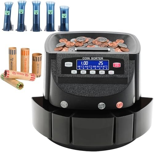 Contatore di monete 270 unità/min, selezionatore di monete e avvolgitore USD Ordina capacità 300 monete, contatore automatico del cambio con display LCD per 1 ¢ 5 ¢ 10 ¢ 25 ¢ $1, inclusi 5 contenitori