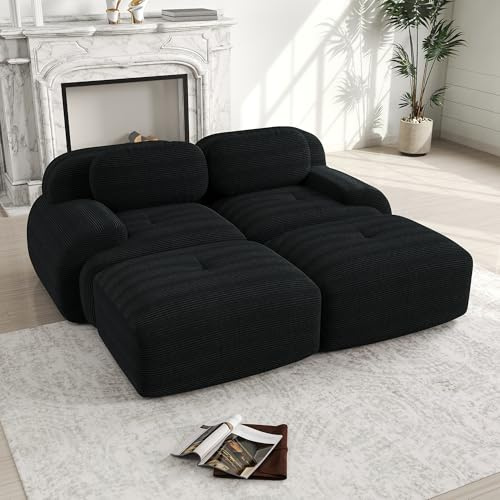 Muskel Modernes Cord Sofa Modulares Schlafsofa mit beweglichem Ottoman, Ohne Montage Komfort Tiefsitz Boneless Sofa Cloud Couchs mit Schlaffunktion, für Wohnzimmer (Schwarz, 2-Sitzer+2)