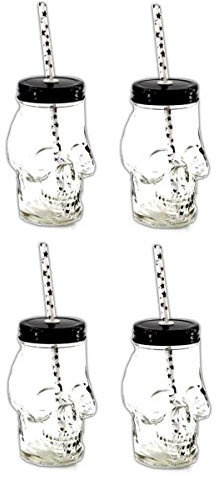 HAC24 4X Totenkopf Trinkglas mit Deckel und Trinkhalm Trinkbecher Schädel Cocktail