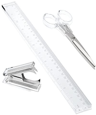 OfficeGoods Acryl-Schreibtischzubehör-Set – 30,5 cm Lineal, 16,5 cm Schere und Heftgerät-Entferner. silber