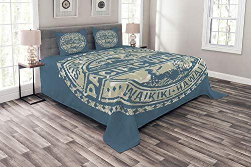 ABAKUHAUS Urlaub Tagesdecke Set, Pacific Waves Surf Camp, Set mit Kissenbezügen Waschbar, für Doppelbetten 220 x 220 cm,Khaki
