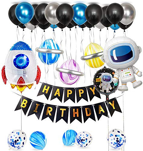 Geburtstagsdeko, Weltraum Geburtstag Party Dekoration Astronauten Raumschiff Raketen Folienballon, Happy Birthday Banner Weltraum Kuchen Topper mit 4D Erde Astronauten Ballons