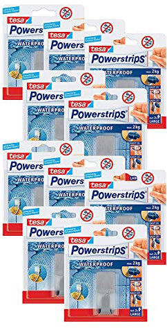 tesa Powerstrips Waterproof Haken Zoom Metall - Wasserfester Klebehaken aus Edelstahl für Badezimmer und Dusche (10, Haken)