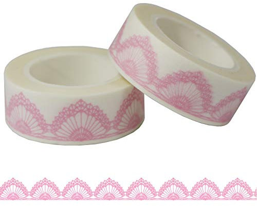 aufodara 2 Rollen 10m x 15mm Pink Washi Tape Nett Spitze Motive Dekoration Rattan Masking Tape Dekorative Papier Klebeband Hochzeit DIY Scrapbooking (Muster-B)