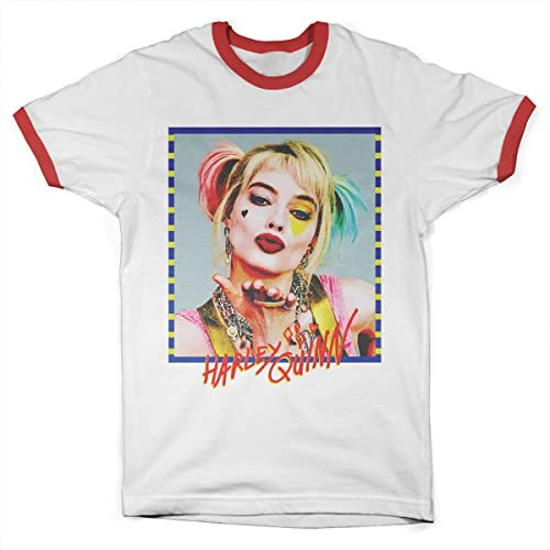 Offizielles Lizenzprodukt Harley Quinn Kiss Ringer Herren T-Shirt (Weiß-Rot), XL