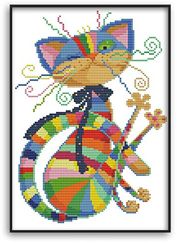 MWOOT DIY Stickgarnituren Kreuzstich-Set,11CT Gestempelt Stickerei-Starter-Kit,Einfach Cross Stitch Craft für Erwachsene Sticken (32x42cm) -Sieben Farben Katze