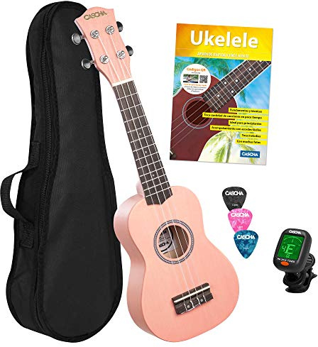CASCHA Sopran Ukulele Set Spanisch für Kinder und Erwachsene I Starter Kit mit 3 Plektren Tasche Lehrbuch Lernvideos über QR-Code I Stimmgerät I Aquila Saiten I Kleine Hawaii Gitarre I Pink/Rosa