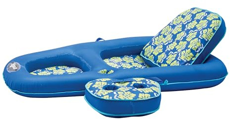 Aqua Campania Ultimate 2-in-1 Pool Float Lounge – Extra Large – Inflatable Pool Floats for Adults with Adjustable Backrest & Cupholder Caddy – Royal/Lime Hibiscus