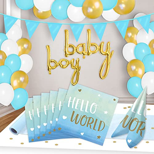 Babyparty Deko Set Hello World für Jungen mit Tischdeko u. Raumdekoration für bis zu 16 Personen mit Luftballons, Baby Boy Folienschriftzug, Wimpelkette, Tischläufer und mehr