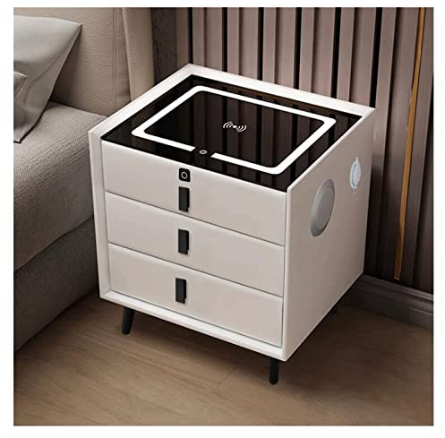 Mesita de noche LED inteligente con puerto de carga USB/inalámbrico, bloqueo de huellas dactilares y altavoz Bluetooth - Mesita de madera minimalista de 46/59 cm