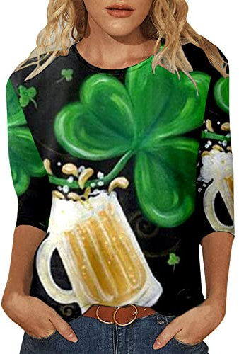 Damen Lässige Mode StPatricks Day Buntes T-Shirt mit Rundhalsausschnitt und Dreiviertelärmeln mit Vier Blättern Karo Kauer Damen