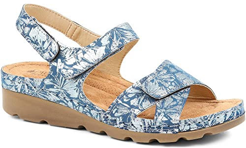 Pavers Ladies Touch Fasten Sandals in Blue Floral with Cushioned Footbed and Lightweight Wedge - Comfortable Summer Footwear - Size UK 6 / EU 39