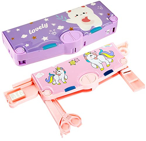 Henoyso 2 Stück Multifunktions-Federmäppchen mit Knöpfen Cartoon-Muster Stiftboxen für Kinder Kawaii Schreibwaren-Set für Mädchen mit Fächern, Scheren und Bleistiftspitzer (Einhorn, Bär)