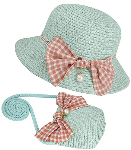 Strohhut und Mini Tasche Set Mädchen Sommer Sonnenhut mit Schleife Dekoration Sommerhut Strandhut für Reisen Outdoor Aktivitäten (Minz Grün)