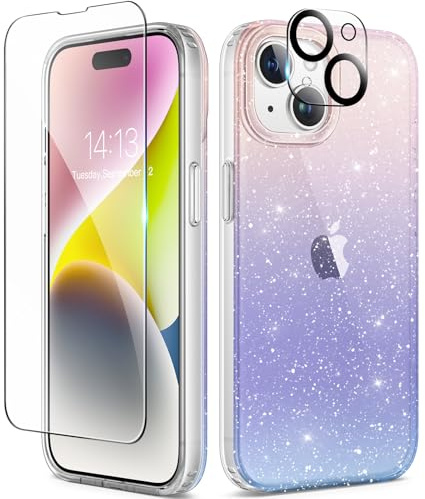 TIESZEN Compatible with iphone 15 Plus Case Clear Glitter, [3 in 1] with Screen Protector+ Camera Lens Protector,【Non-Yellowing】 Sparkly Shockproof Hard Phone Case for Women 6.7, Gradient