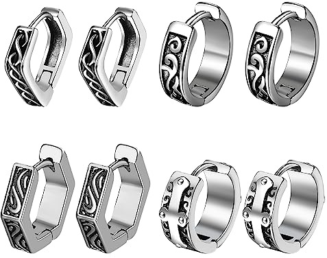 Flongo Unisex Wikinger Creolen Geometrische Dreieck Sechseck Kreuz Ohrringe für Männer Frauen Punk Hip-Hop Vintage Gothic Huggie Ohrringe Edelstahl Ohrstecker