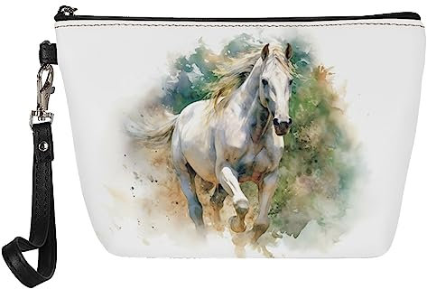 Kuiaobaty Frauen Kosmetiktasche Reise Kulturbeutel Waschbeutel für Damen Leder Make-up Tasche Schönheit Tasche Geldbörse, Aquarell-Pferd, Taschen-Organizer