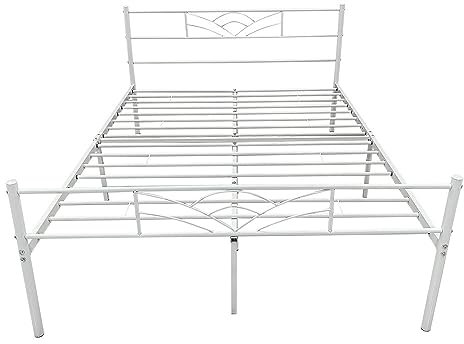 Panana Double Bed Frames with Headboard 4ft6 White Metal Double Bed Frame with Storage Heavy Duty with Steel Slats No Box Spring Needed(White,4FT6)