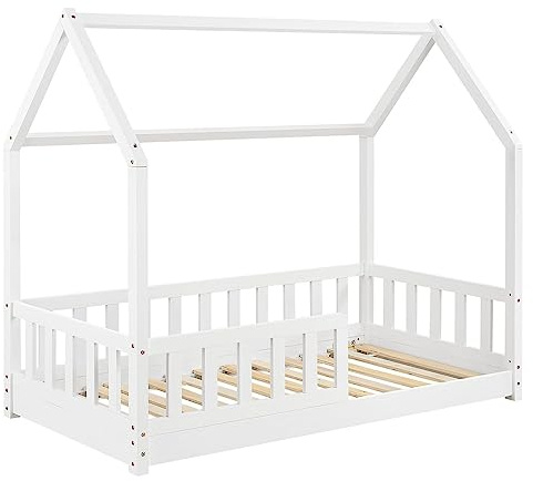 WEB2O Hüttenbett für Kinder aus Naturholz, 90 x 190 cm (Bett weiß)