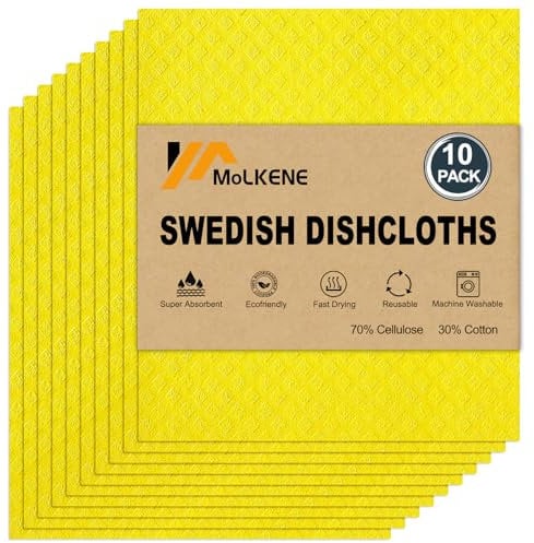 MoLKENE Paños suecos para cocina | Paquete de 10 paños de esponja de celulosa absorbentes lavables | Toallas de papel reutilizables antiarañazos de secado rápido, color amarillo