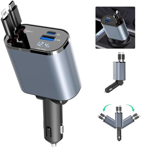 TKMARS Car Cigarette Lighter Charger USB C USB A Fast Charging Max 86W 2 Retractable Cables for iPhone 15, iPad, Galaxy, Google Mobile Phone Charger for Trucks, Camper Vans and Cars