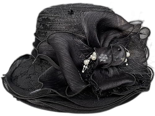 HilyBony Fascinator mit breiter Krempe, Kentucky-Derby-Hut für Damen, Teeparty, Fascinator, Kappe, Kirche, Hochzeit, Kappe mit Blume, Schwarz , M