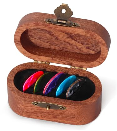 Wooden Guitar Pick Case Set with 12 Celluloid Picks in 3 Thicknesses | Premium Guitar Pick Holder, Mini Jewelry Box, Guitar and Bass Gift