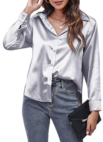 SEAUR Chemisier Femme Satin Soie col en v Chemises élégant Manches Longues Boutons Hauts Chemise M