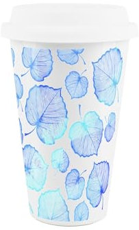 Delicate Winter Leaves Ceramic Travel Mug - Blue Foliage Reusable Silicone Lid Double-Walled Insulated Hot/Cold Drinks Tea Coffee Gift Mug
