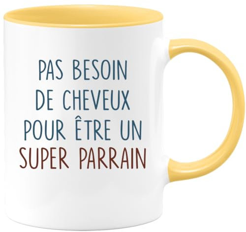 quotedazur Café-Croissant - Mug Personnalisé Humour Annonce Tasse Pas Besoin De Cheveux Pour Être Un Super Parrain - Cadeau Noël Original Futur Parrain Chauve - Jaune/Céramique