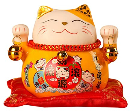 Glückskatzen Spardose 12 x 9 x 10 cm Japanische Deko Maneki Neko Keramik Glückskatze Spardose Feng Shui Münzbank Glücksbringer Kleingeld Spartopf für Schreibtischdekoration (Gelbe)