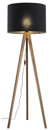 Licht-Erlebnisse Stehlampe Holz Stoff E27 145 cm hoch Dreibein Nussbraun Schwarz Skandinavisch Kabelschalter Stehleuchte Wohnzimmer Tripod