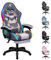 ALFORDSON Chaise de Gaming, Chaise de Joueur de Course avec Éclairage LED RVB, Fauteuil d'ordinateur Massant avec Repose-Pieds, Chaise Pivotante Ergonomique avec Dossier à Levier, Tissu, Gris Épissé