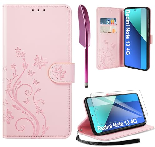 AROYI Lederhülle Kompatibel mit Xiaomi Redmi Note 13 4G (Nicht für 5G) Hülle und Schutzfolie,Wallet Handyhülle Leder Tasche Schutzhülle Kompatibel mit Xiaomi Redmi Note 13 4G Rosa