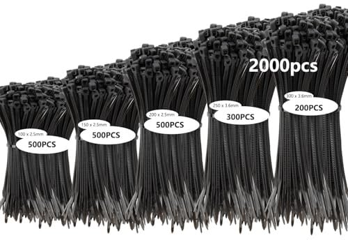 Armpow 2000 Stücks Kabelbinder Schwarz Set,100/150/200/250/300 mm Schwarze UV Beständig Nylon Verschiedene Größen Kabelbinder Selbsthemmend Kabelbinder für Zuhause, Büro, Garten und Werkstatt