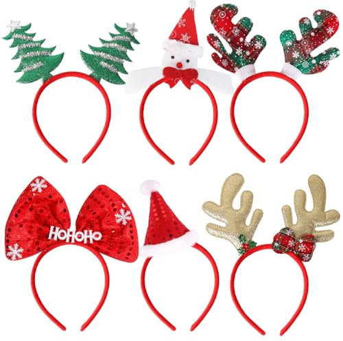 6 Stück Haarreif Weihnachten, Weihnachtsmütze Haarreifen, Weihnachtsfeier Stirnband Kopfschmuck, Kopfbedeckung Haarschmuck für Kinder Erwachsene Weihnachtsbaum Schleife Rentier Geweih Schneemann