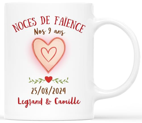 𝗖𝗔𝗗𝗘𝗔𝗨 𝗣𝗟𝗨𝗦 Mug Personnalisé Prénom - Noces de Faïence - Anniversaire Mariage, Idée Cadeau Anniversaire Mariage, Anniversaire de Mariage, Cadeau Noce de Faience, 9 Ans de Mariage