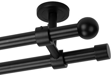 Ventanara® Gardinenstange schwarz matt 19mm 2-läufig mit Endstücken und Halterungen für Deckenmontage (Kugel, 320 cm / 2-läufig/Decke)