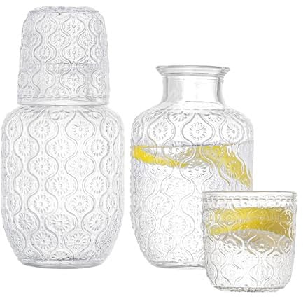 Hniuyun 4Pcs Vintage Bedside Water Carafe Set with Tumbler, 500ml Glass Juice Water Pitcher & 150ml Cup, Glass Mouthwash Bottle for Kitchen, Bedroom or Bathroom