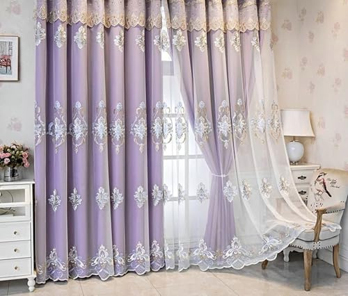 Homxi Gardine Blickdicht Kinderzimmer 2 Panels,2 x 240W x 270H cm,Gardinen Küchen Lila Doppelschicht mit Spitze Stickerei Muster Vorhänge für Haken