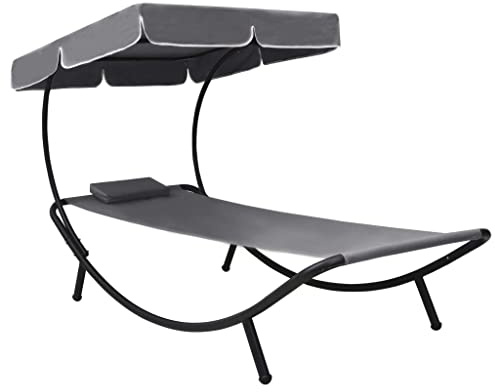 QJBSAVVA Sonnenliege mit großem Dach und Kissen Grau 200 x 90 x 112 cm Wetterbeständige Gartenliege aus Oxford-Gewebe und Stahl für Strand Terrasse und Balkon
