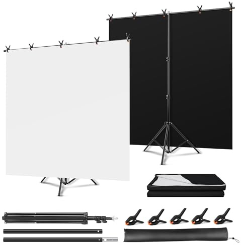 Fotohintergrund Set Mit Stativ, 2-in-1 Wendbarer Schwarz Weiß Hintergrund 150 × 200 cm, T-Stativ Mit 5 Klammern Für Fotografie, Party & Dekoration