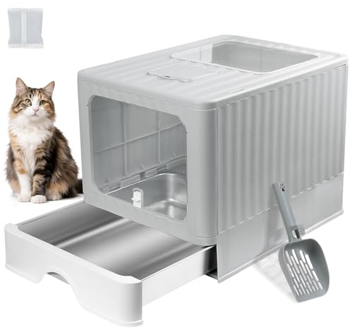 Widisun Stainless Steel Cat Litter Box with Lid, Enclosed Litter Box for Odor Control, Pull-Out Drawer Cat Toilet for Easy Cleaning, Anti-Scratch & Collapsible for Large Cats up to 12lbs