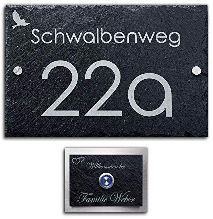 Schiefer Set Hausnummer + Klingel mit Gravur Türklingel inkl. LED Taster