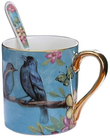 YBK Tech Bone China Porcelain Tea Cup, 12oz Coffee Mug for Home Kitchen Office - Birds Pattern (Blue)