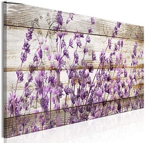 decomonkey Bilder Blumen Lavendel 120x40 cm 1 Teilig Leinwandbilder Bild auf Leinwand Vlies Wandbild Kunstdruck Wanddeko Wand Wohnzimmer Wanddekoration Deko Natur Holz