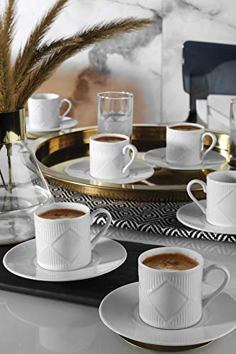 Kütahya Porselen Juego de Tazas de Café de Porcelana Eren – Juego para 6 personas – 12 Piezas (6 Tazas y 6 Platillos)